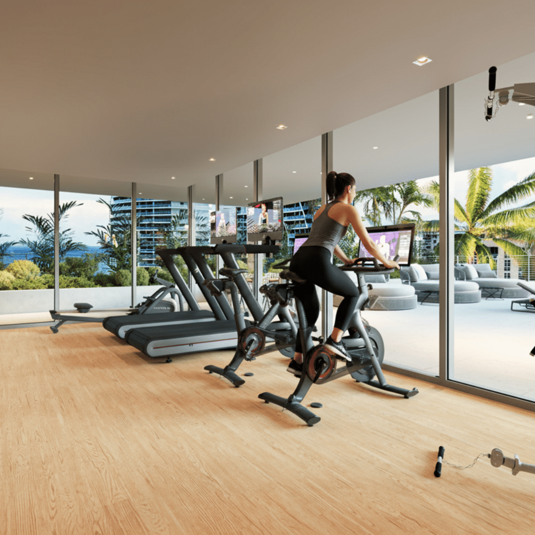 Fitness lounge filled with sunlight, not fluorescent lights